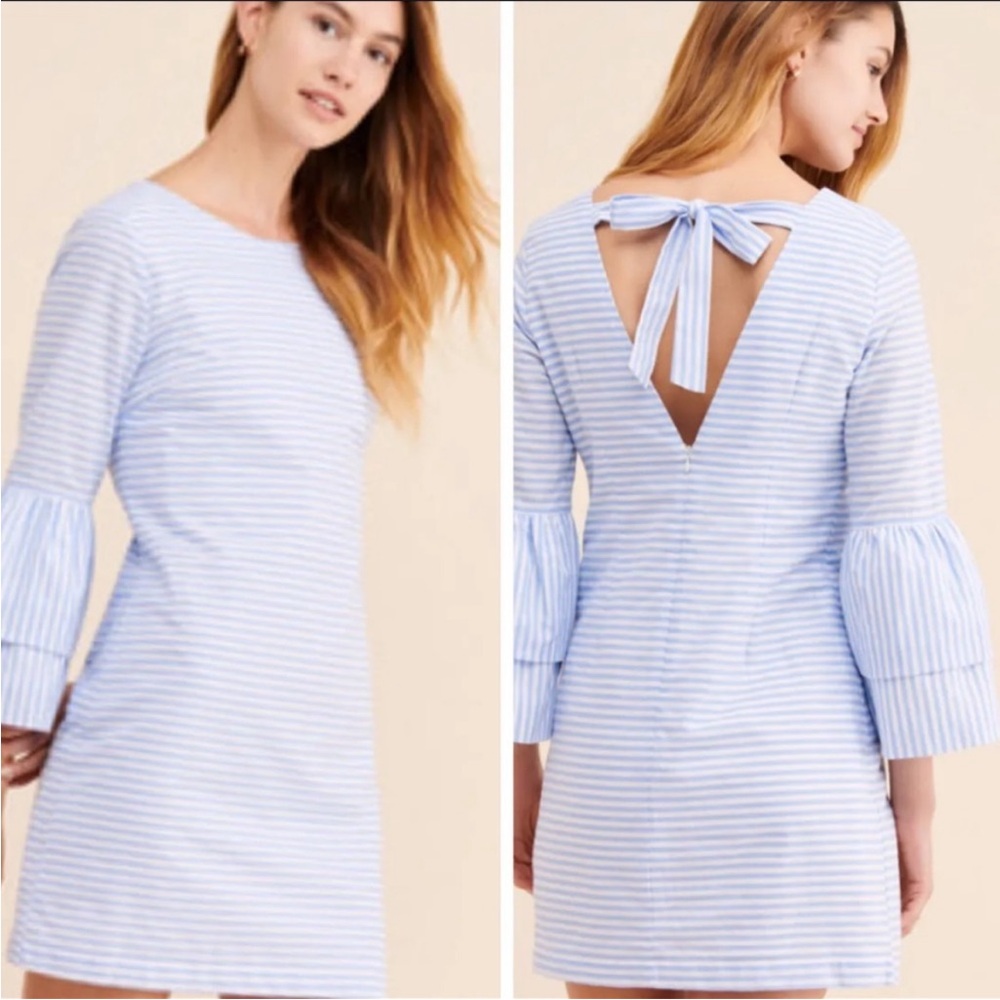 English Factory Light Blue & White Striped Mini Dress with Back Bow